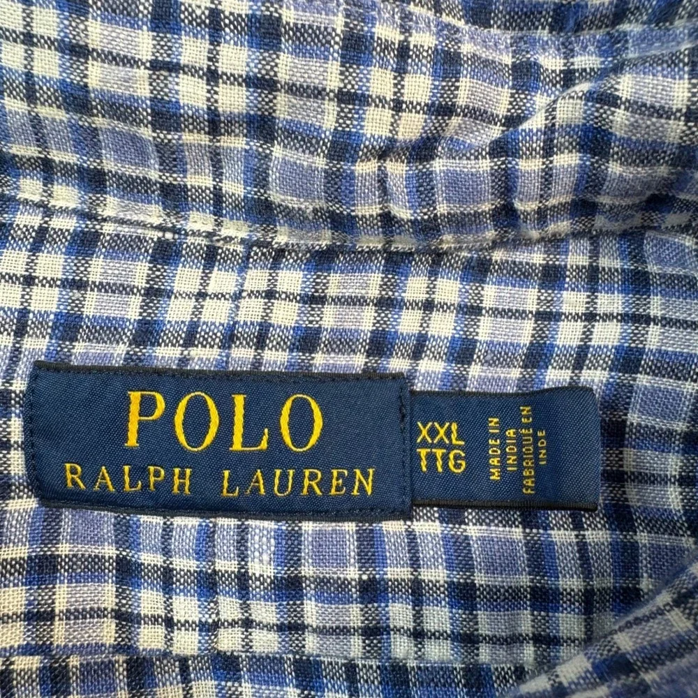 Polo Ralph Lauren Mens XXL‎ Blue White Plaid 100% Linen Button Down Shirt